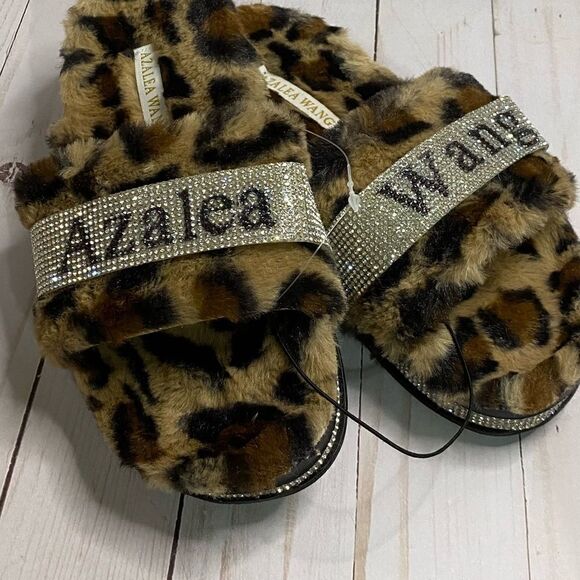 New Azalea Wang Logo Leopard Rhinestone Print Slide Sandals Size 6 - Picture 1 of 4